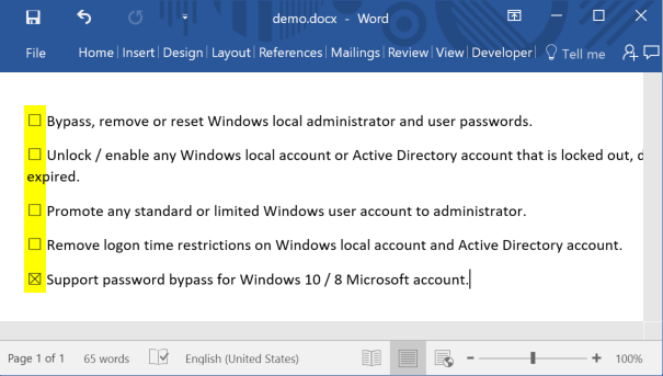 Insert Clickable Checkbox In Word Password Recovery