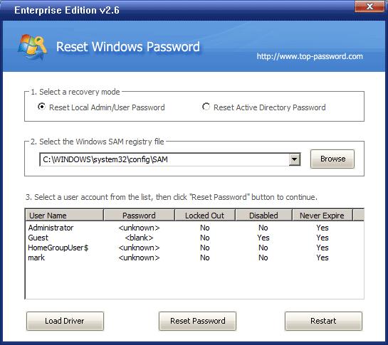 Click to view Reset Windows Password 2.2 screenshot